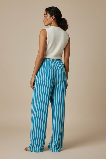 Pantalon Chinois Rayé Bleu Ample Fluide Cordon - Maille - vue 2