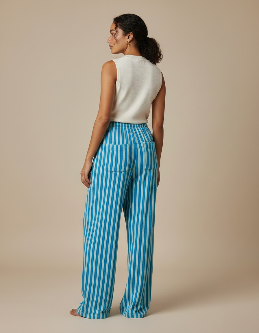 Pantalon Chinois Rayé Bleu Ample Fluide Cordon - Maille - vue 2