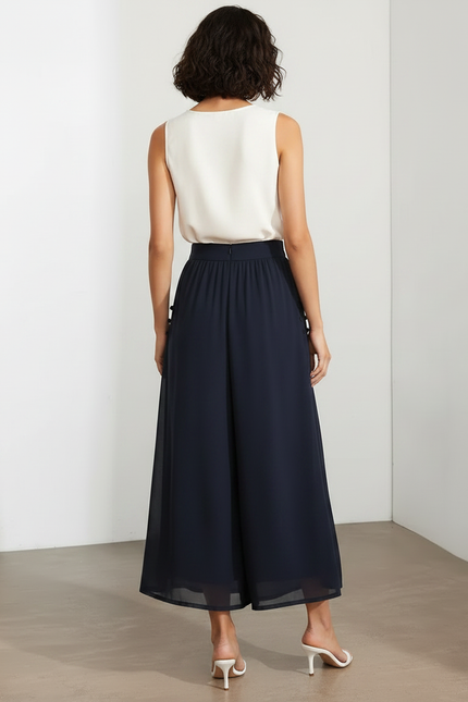 Pantalon Chinois Fluide Taille Haute Boutons Latéraux - Marine Polyester - vue 2