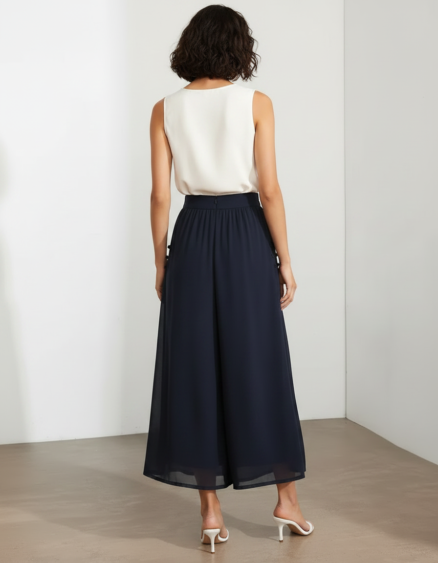 Pantalon Chinois Fluide Taille Haute Boutons Latéraux - Marine Polyester - vue 2