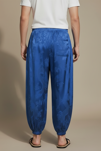 Pantalon Chinois Satin Bleu Dragon Ample Homme - vue 2