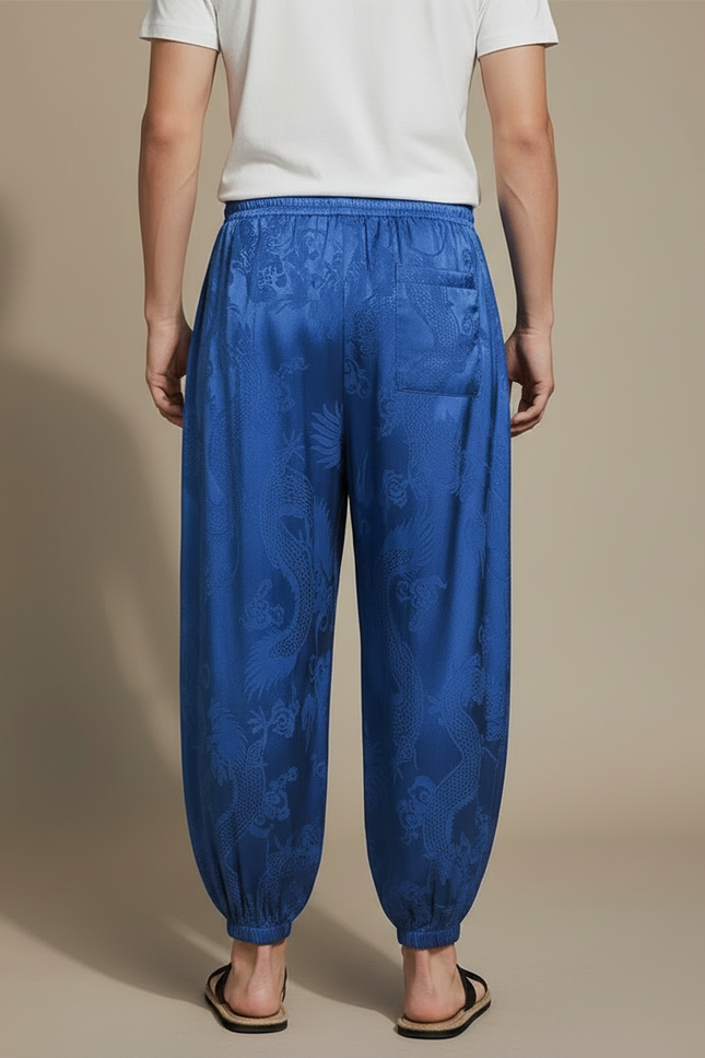 Pantalon Chinois Satin Bleu Dragon Ample Homme - vue 2