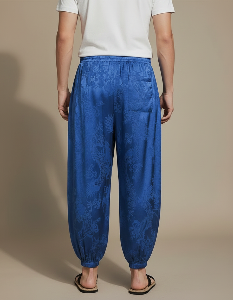 Pantalon Chinois Satin Bleu Dragon Ample Homme - vue 2