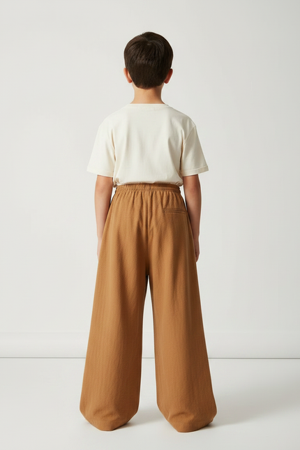 Pantalon Chinois Marron Ample Coton Élastique Enfant - Camel Molleton - vue 2