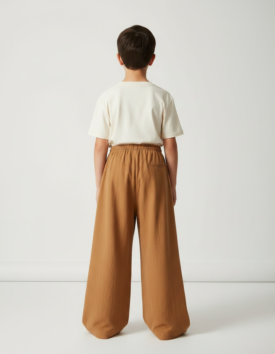 Pantalon Chinois Marron Ample Coton Élastique Enfant - Camel Molleton - vue 2