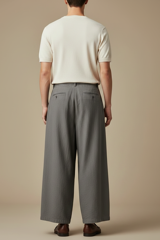 Pantalon Chinois Gris Ample Coton Lin Ceinture - vue 2