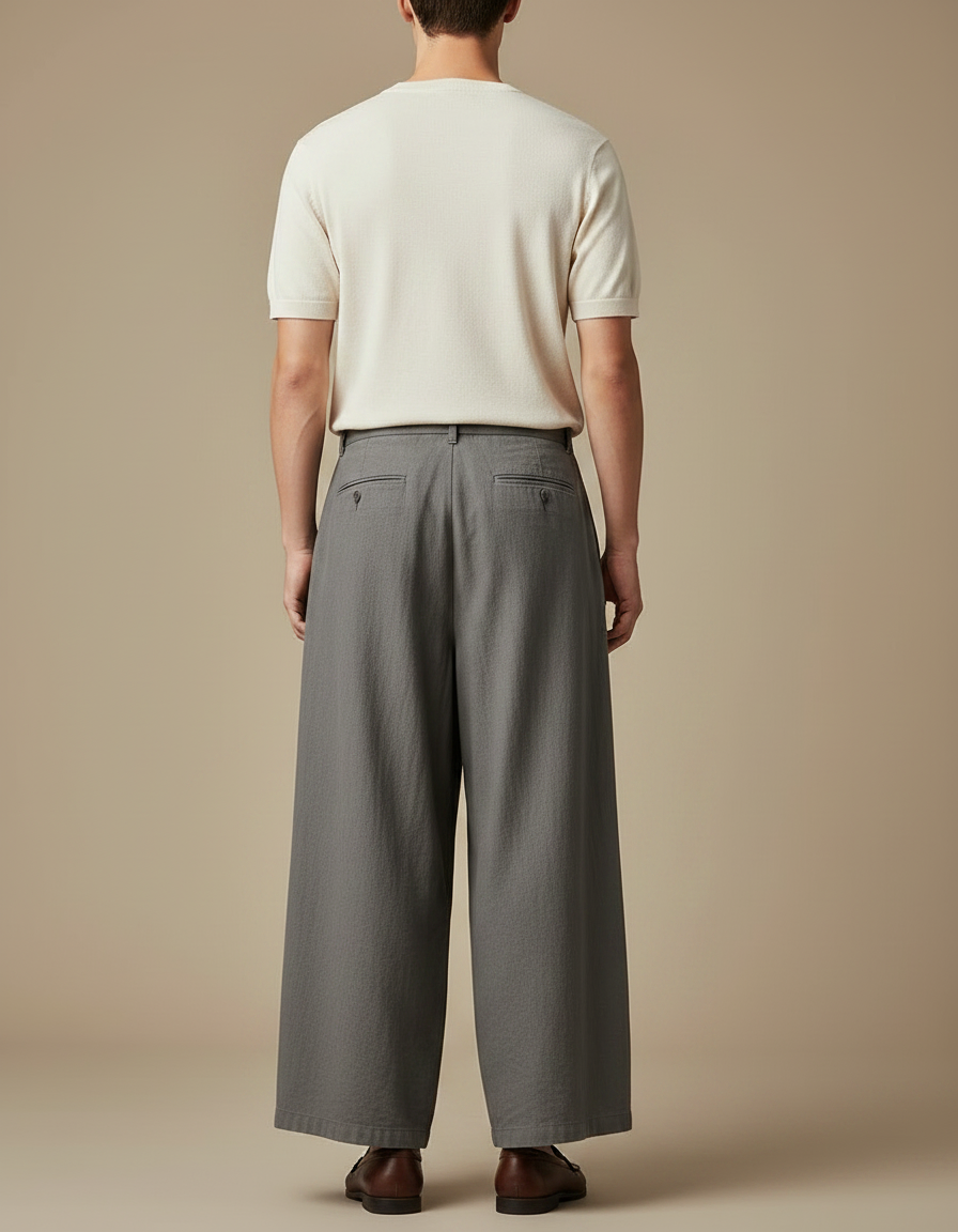 Pantalon Chinois Gris Ample Coton Lin Ceinture - vue 2
