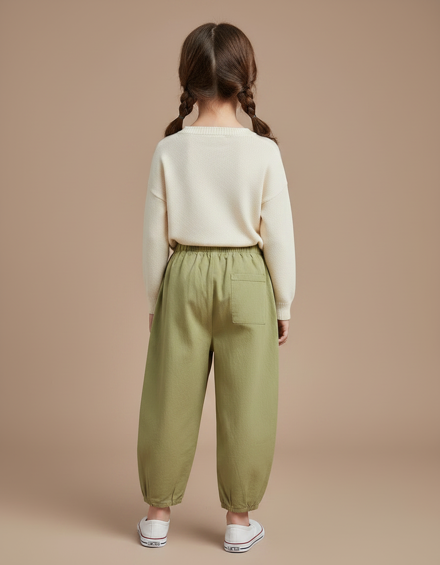 Pantalon Chinois Vert Brodé Ample Coton Enfant - vue 2