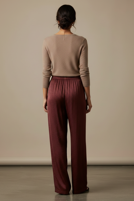 Pantalon Chinois Satin Marron Ample Fluide Élégant - Bordeaux - vue 2