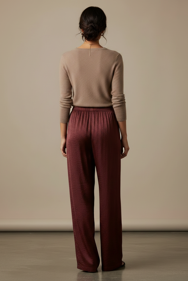 Pantalon Chinois Satin Marron Ample Fluide Élégant - Bordeaux - vue 2
