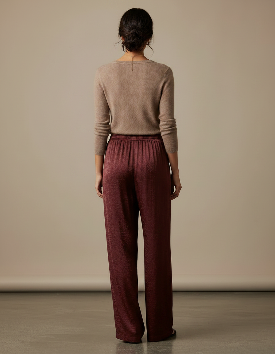 Pantalon Chinois Satin Marron Ample Fluide Élégant - Bordeaux - vue 2