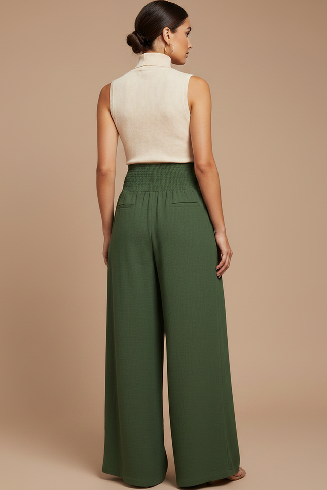 Pantalon Chinois Vert Ample Smocké Fluide Décontracté - Viscose - vue 2