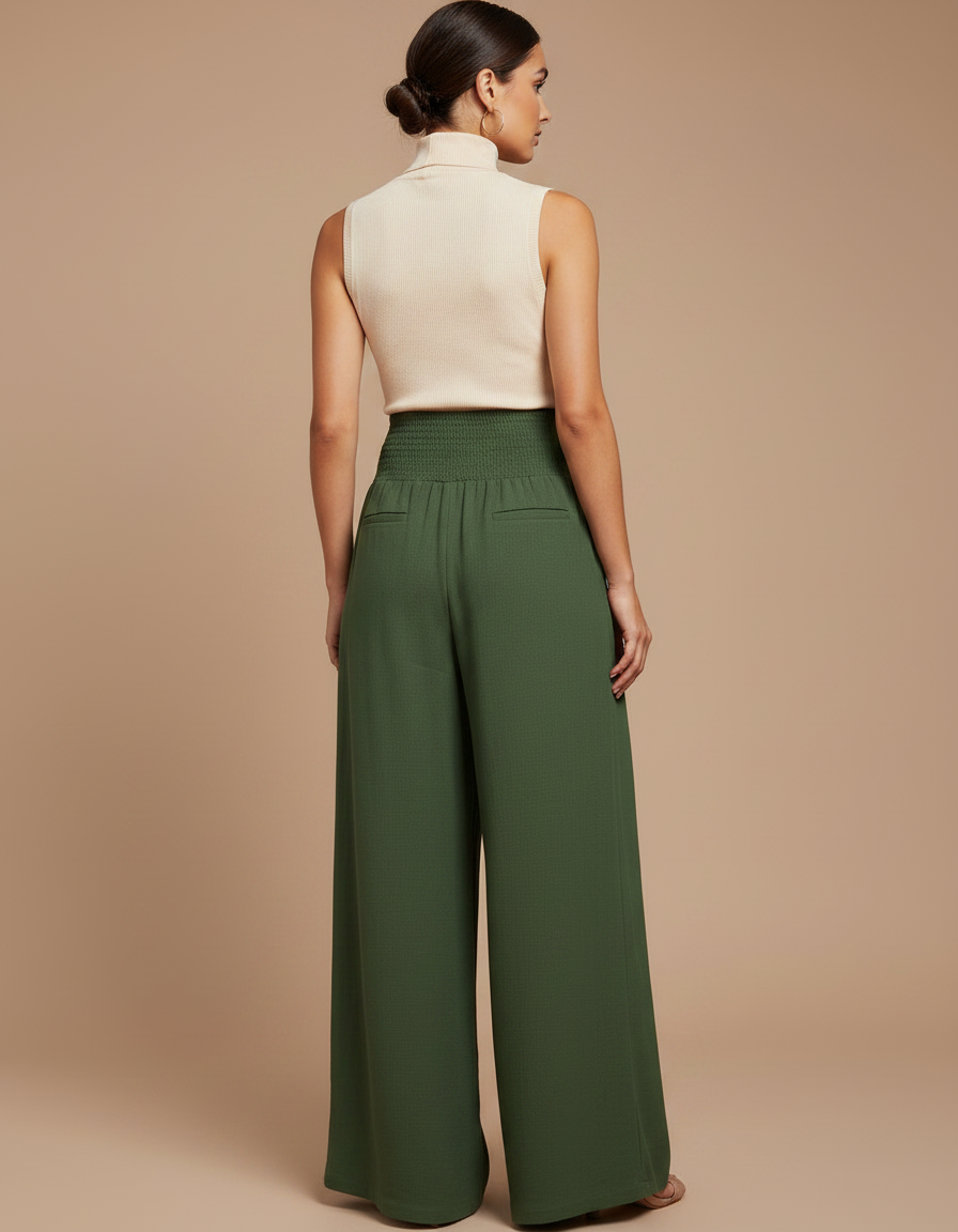 Pantalon Chinois Vert Ample Smocké Fluide Décontracté - Viscose - vue 2