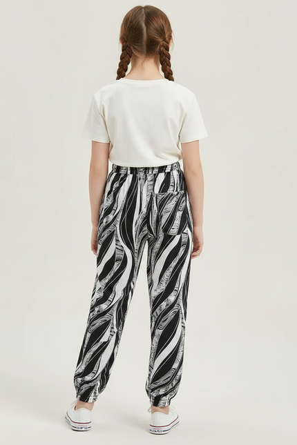 Pantalon Chinois Noir Blanc Imprimé Fluide Fille - Viscose - vue 2
