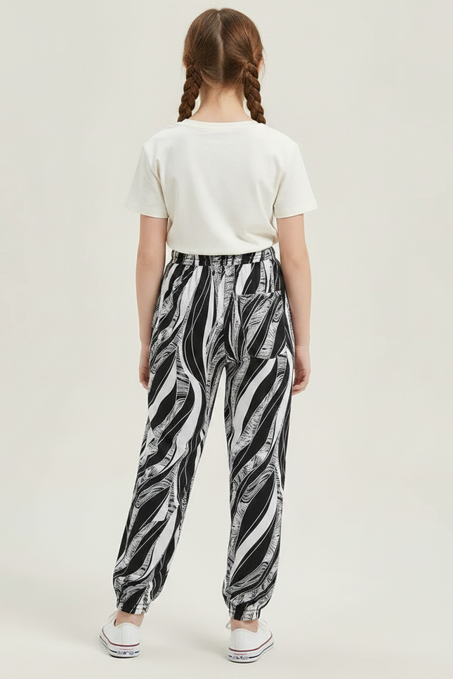 Pantalon Chinois Noir Blanc Imprimé Fluide Fille - Viscose - vue 2