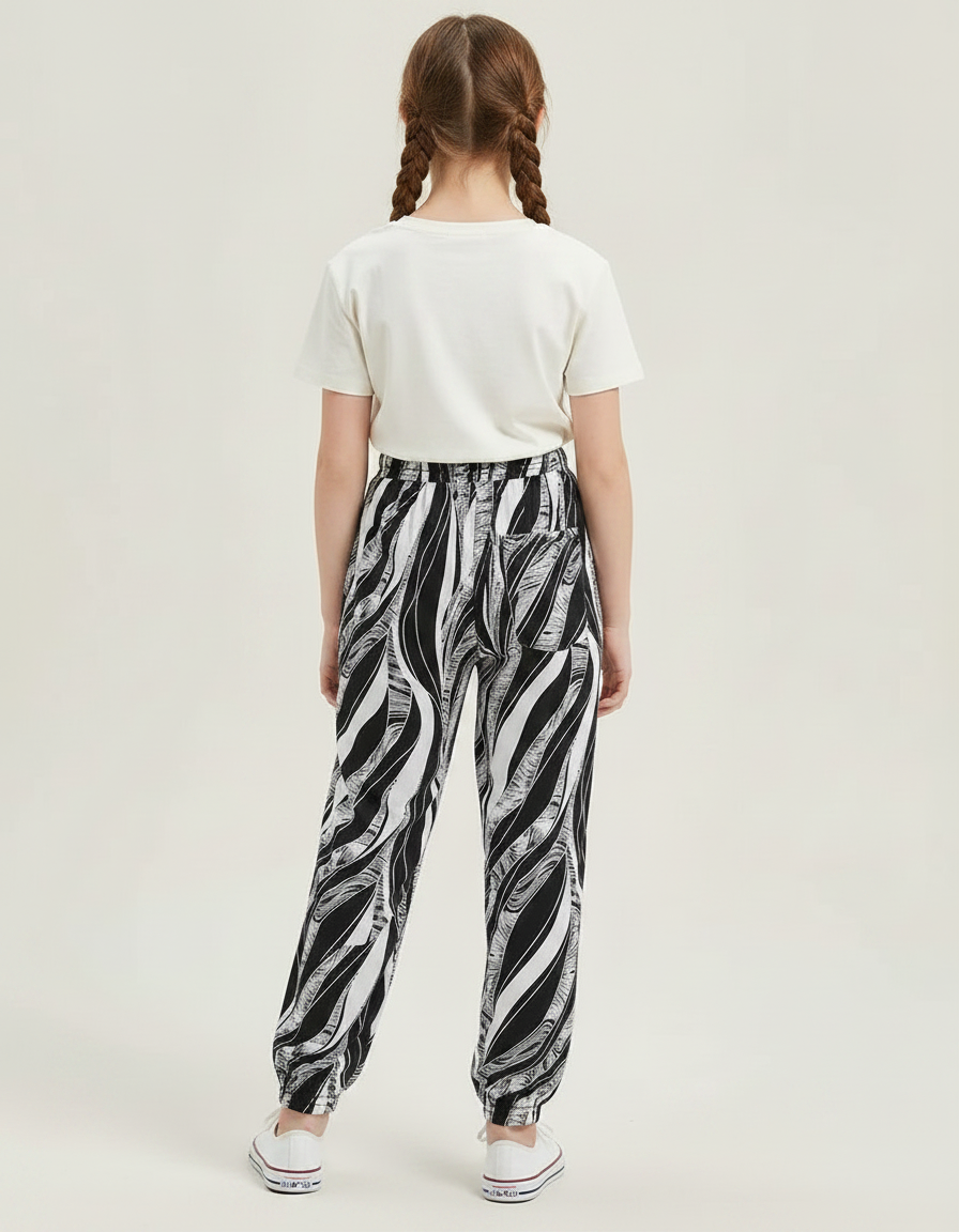 Pantalon Chinois Noir Blanc Imprimé Fluide Fille - Viscose - vue 2