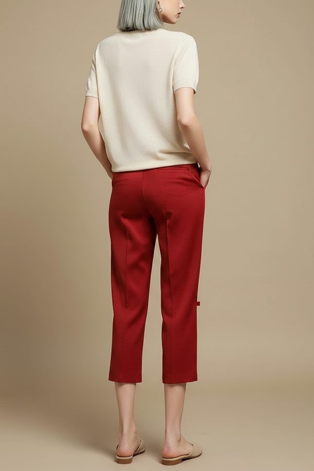 Pantalon Chinois Rouge Coton Coupe Droite Cheville Fendue - vue 2