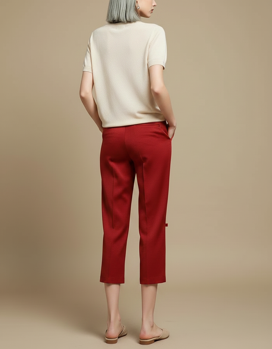 Pantalon Chinois Rouge Coton Coupe Droite Cheville Fendue - vue 2