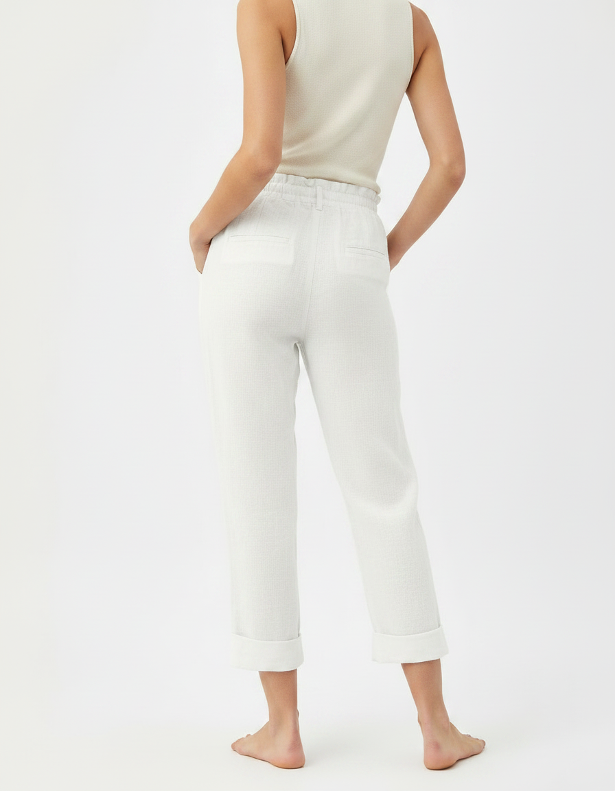 Pantalon Chinois Blanc Lin Ample Décontracté Cropped - vue 2