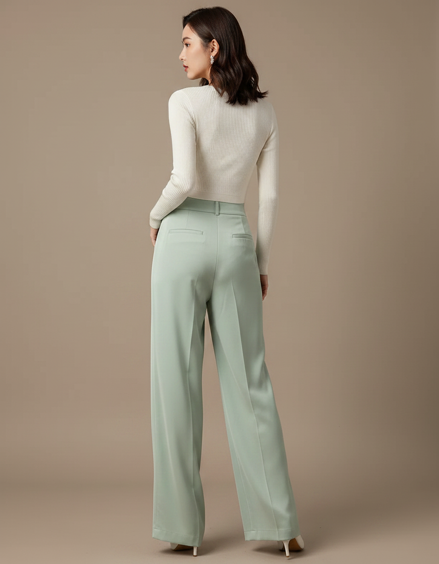 Pantalon Chinois Vert Menthe Fluide Ample Élégant - Satin - vue 2