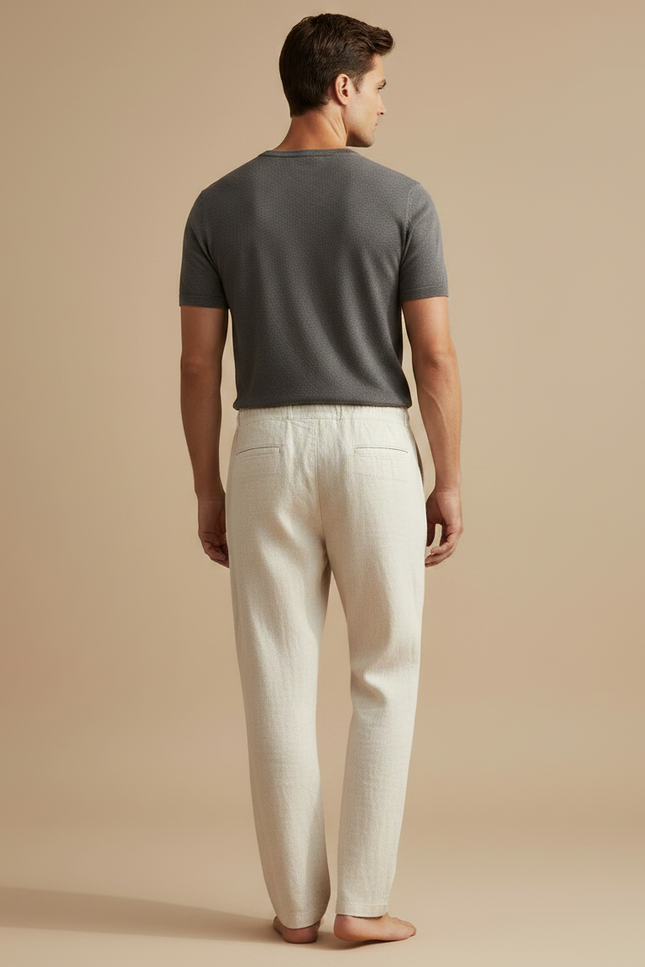 Pantalon Chinois Lin Droit Écru Décontracté Homme - Beige - vue 2