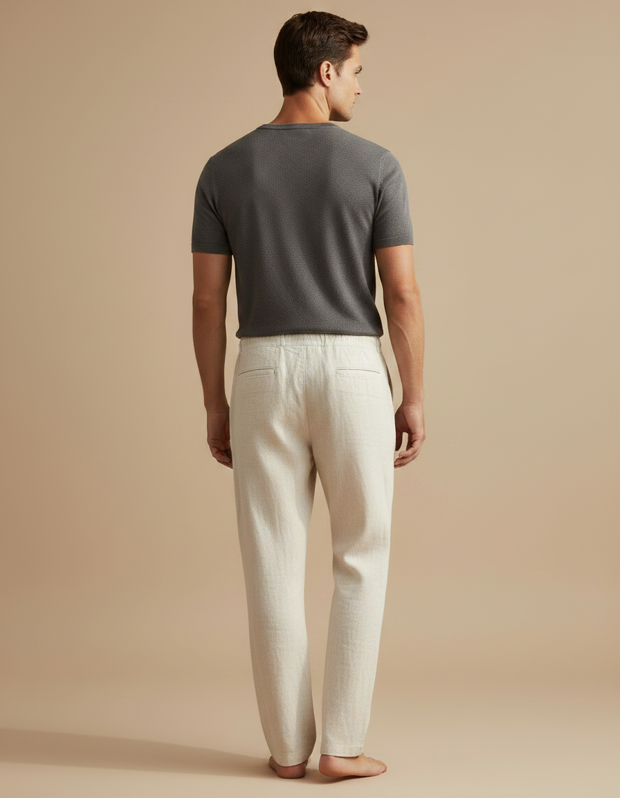 Pantalon Chinois Lin Droit Écru Décontracté Homme - Beige - vue 2