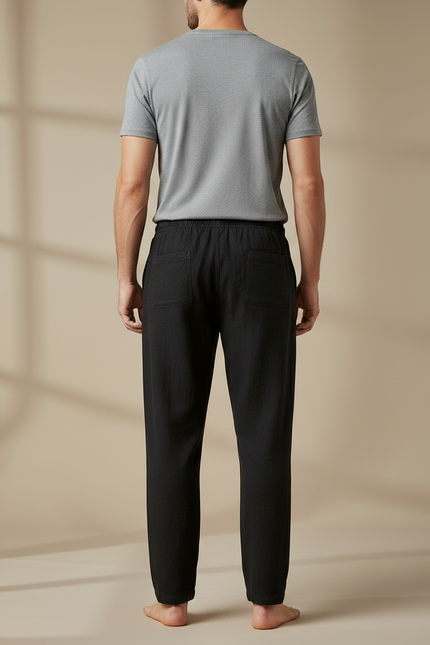 Pantalon Chinois Noir Coton Lin Ample Décontracté Homme - vue 2