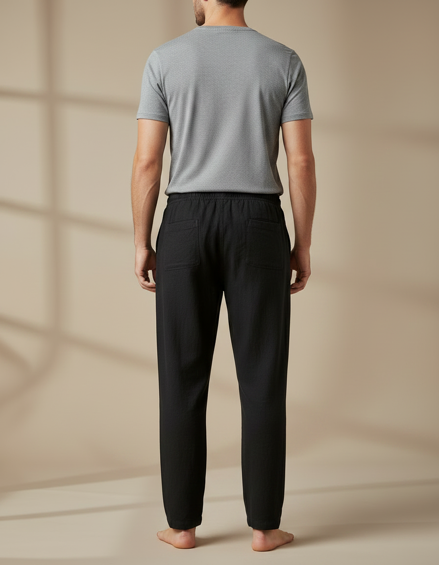 Pantalon Chinois Noir Coton Lin Ample Décontracté Homme - vue 2