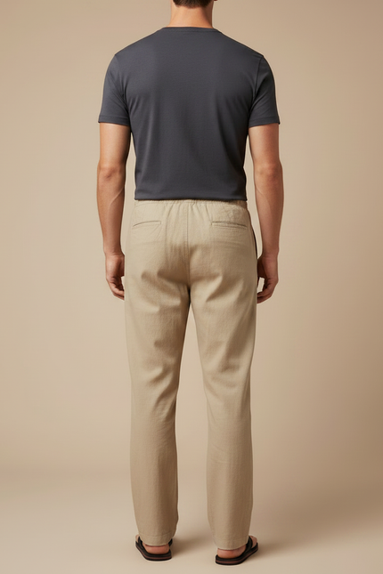Pantalon Chinois Beige Lin Coton Ample Décontracté Homme - vue 2