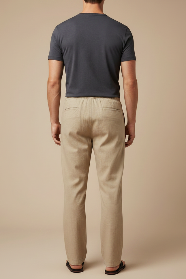 Pantalon Chinois Beige Lin Coton Ample Décontracté Homme - vue 2