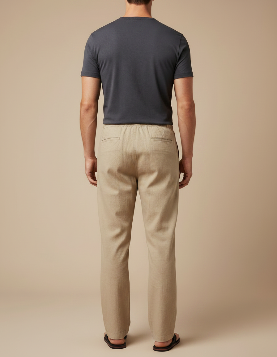 Pantalon Chinois Beige Lin Coton Ample Décontracté Homme - vue 2