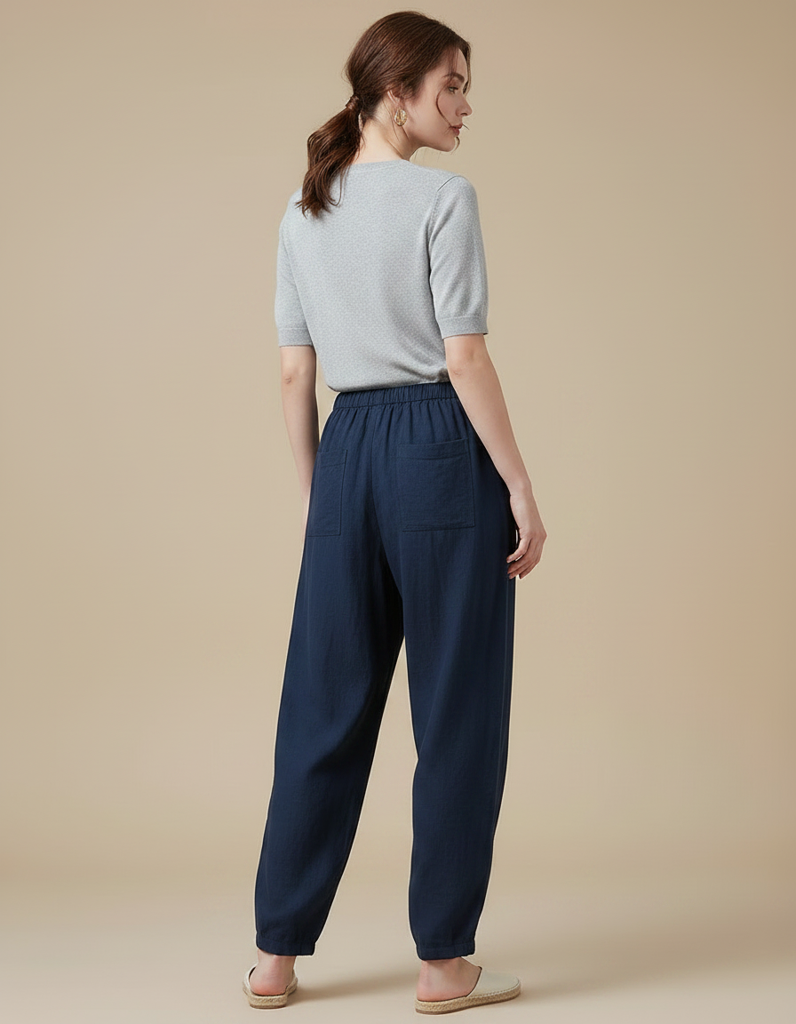Pantalon Chinois Bleu Marine Ample Coton Lâche Femme - vue 2