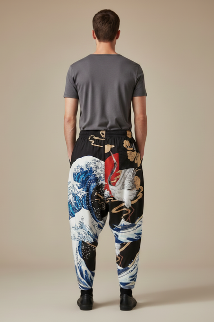 Pantalon Chinois Noir Ample Imprimé Vague Grue - Polyester - vue 2