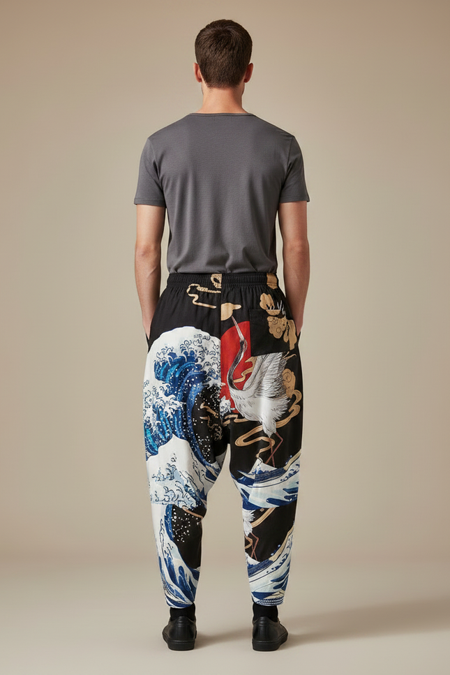 Pantalon Chinois Noir Ample Imprimé Vague Grue - Polyester - vue 2