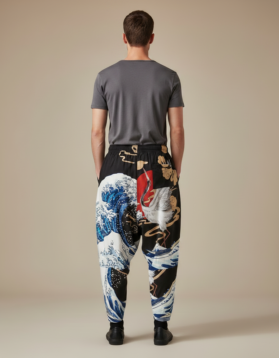 Pantalon Chinois Noir Ample Imprimé Vague Grue - Polyester - vue 2