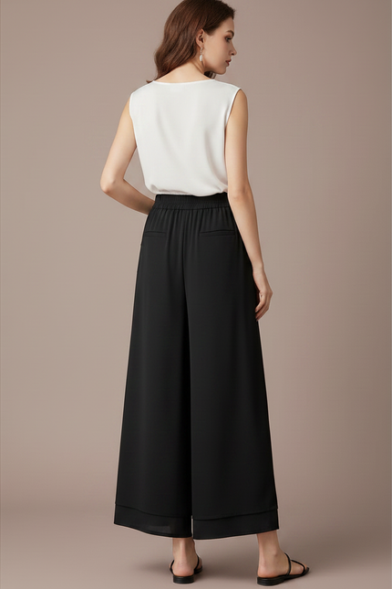 Pantalon Chinois Noir Ample Fluide Boutons Décontracté - Viscose - vue 2