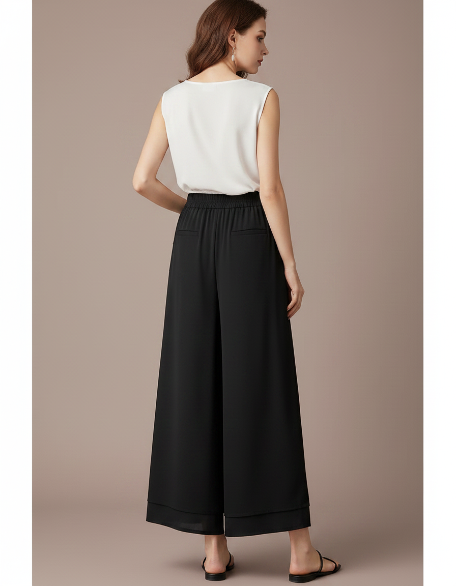 Pantalon Chinois Noir Ample Fluide Boutons Décontracté - Viscose - vue 2