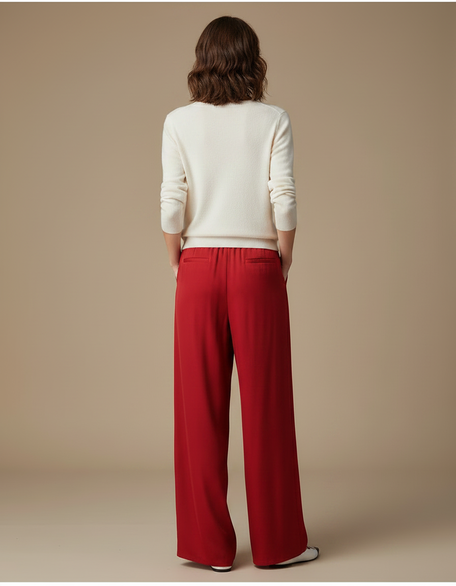 Pantalon Chinois Rouge Soie Ample Fluide Femme - vue 2