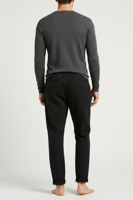 Pantalon Chinois Noir Décontracté Droit Cordon Homme - Lin - vue 2