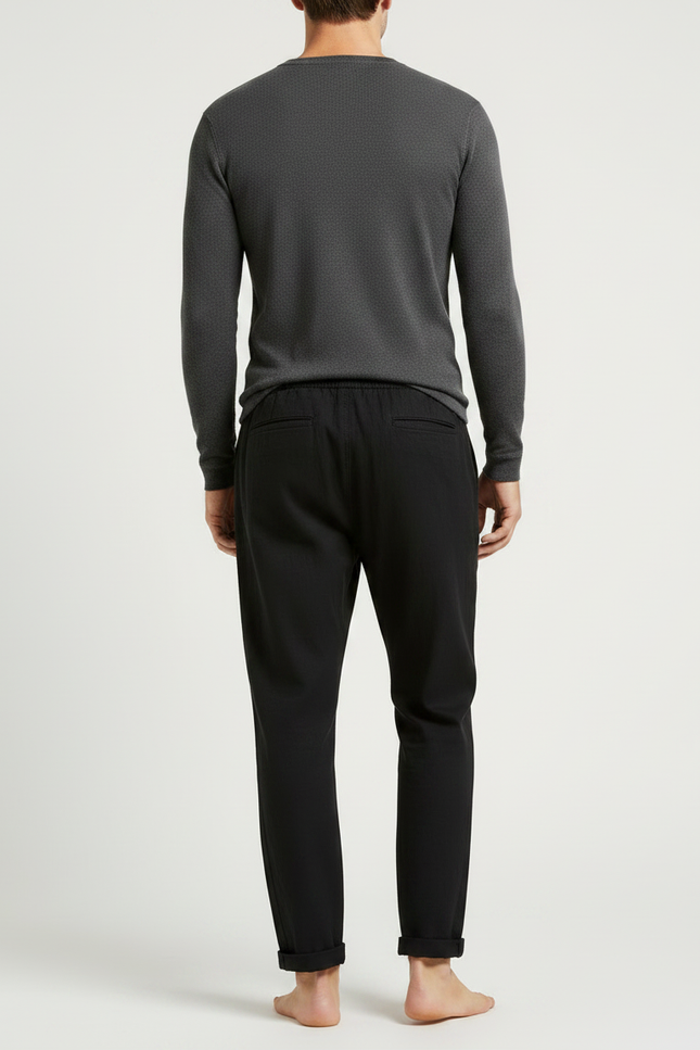 Pantalon Chinois Noir Décontracté Droit Cordon Homme - Lin - vue 2