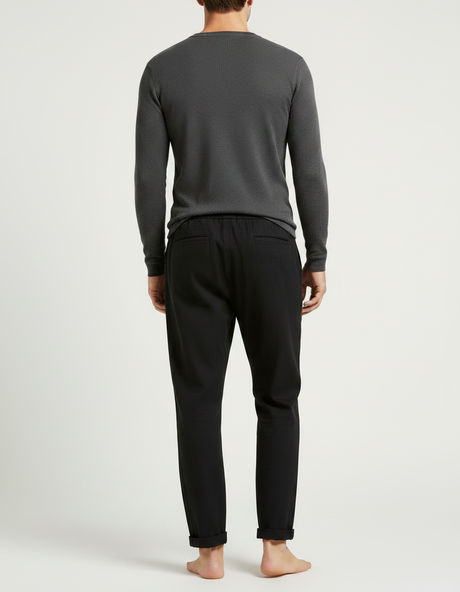Pantalon Chinois Noir Décontracté Droit Cordon Homme - Lin - vue 2