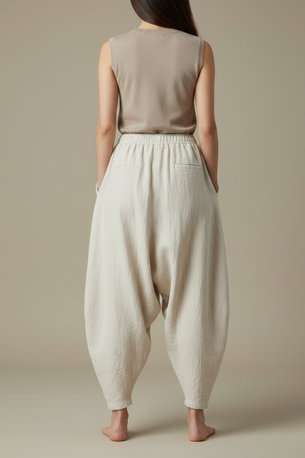Pantalon Chinois Lin Ample Beige Confortable Décontracté - vue 2