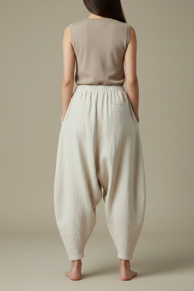 Pantalon Chinois Lin Ample Beige Confortable Décontracté - vue 2