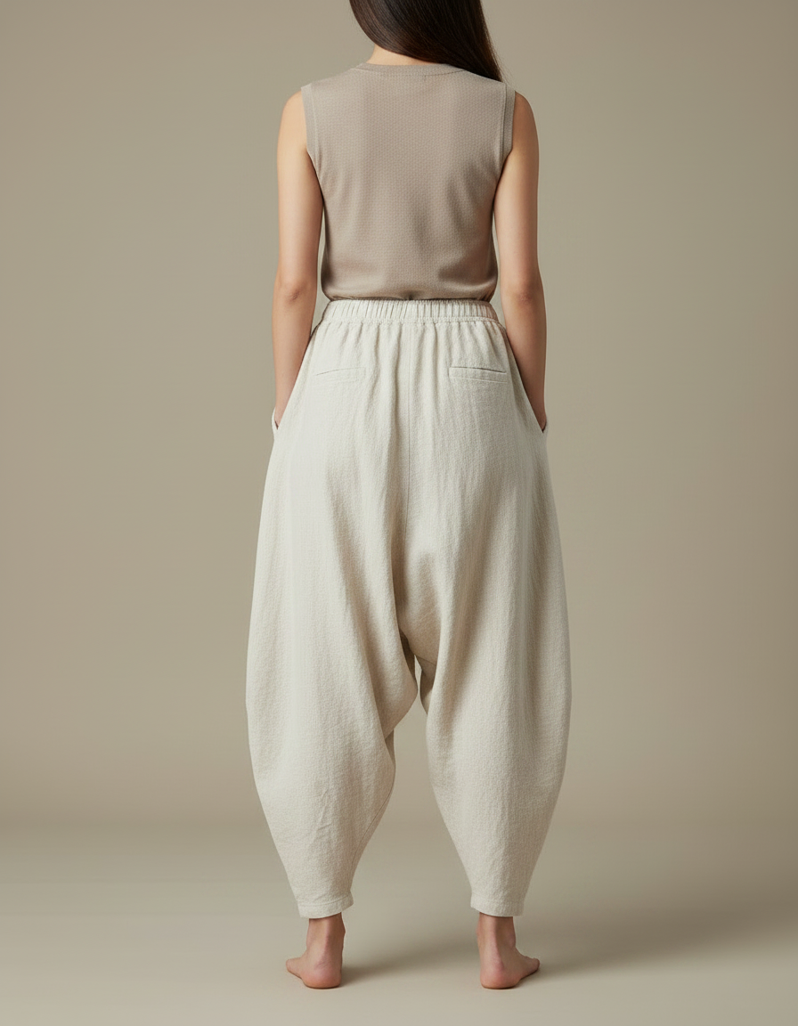 Pantalon Chinois Lin Ample Beige Confortable Décontracté - vue 2