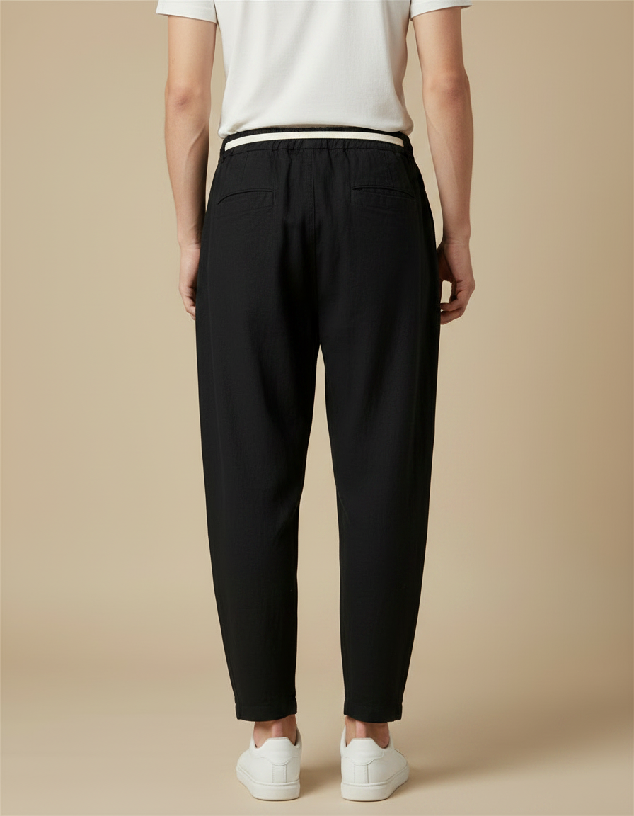 Pantalon Chinois Noir Lin Ample Décontracté - vue 2