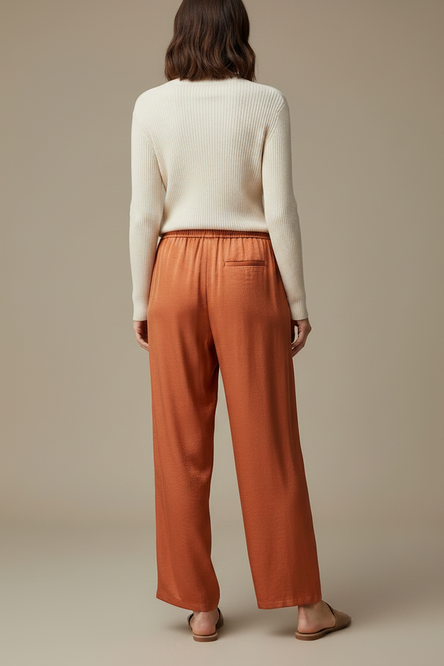 Pantalon Chinois Satin Fluide Ample Orange Élégant - vue 2