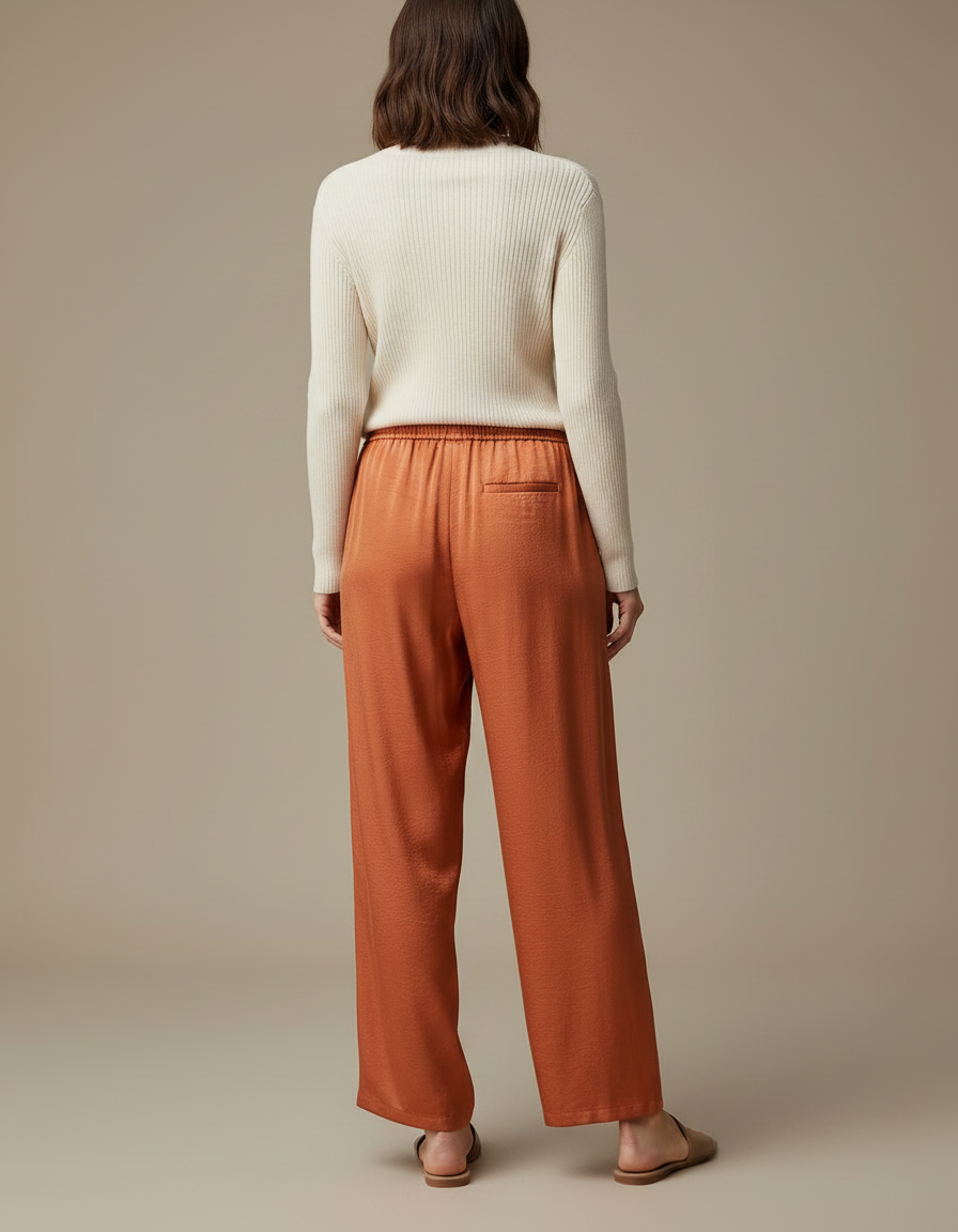 Pantalon Chinois Satin Fluide Ample Orange Élégant - vue 2