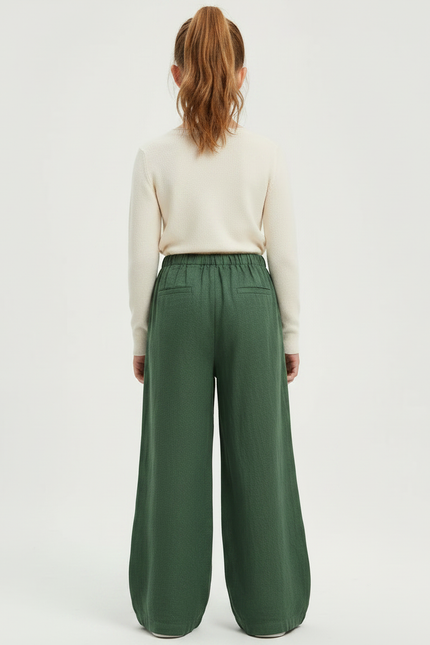 Pantalon Chinois Vert Brodé Ample Fille Décontracté - Lin - vue 2