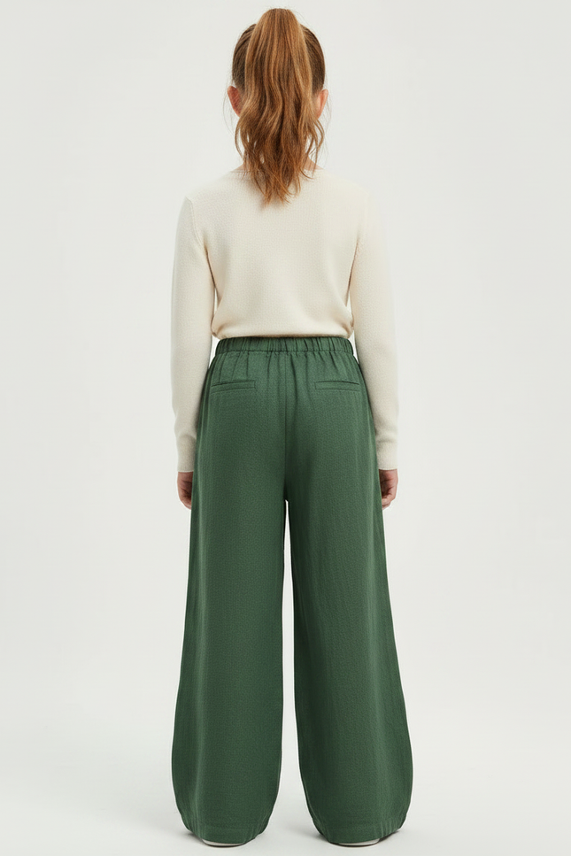 Pantalon Chinois Vert Brodé Ample Fille Décontracté - Lin - vue 2