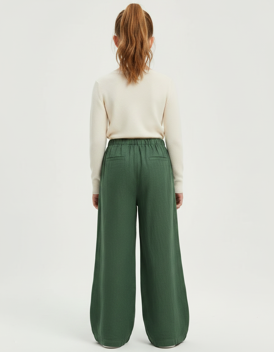 Pantalon Chinois Vert Brodé Ample Fille Décontracté - Lin - vue 2